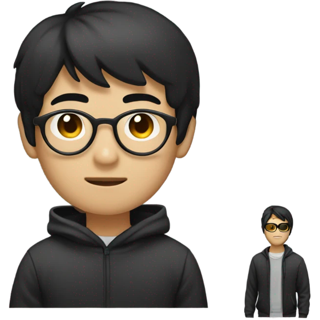 programmer, student, asian, black hair, black eyes, male, round face, black sunglasses, black hoodie emoji