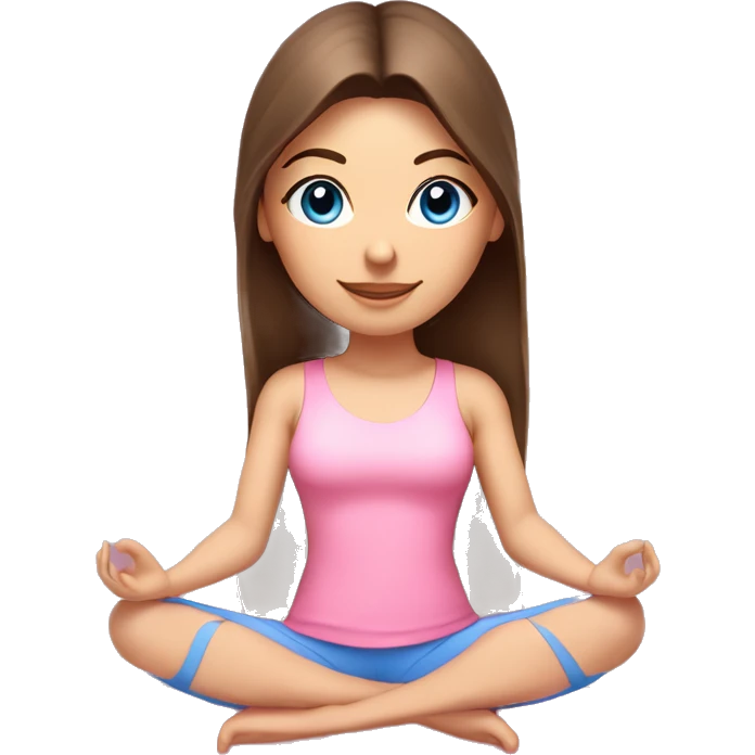Brunette long hair and bright blue eyes yoga beautiful girl in light pink pink pink clothes sitting on a yoga mat emoji