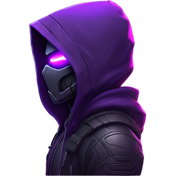 Side view developer behind his laptop with this style : crysis Cyberpunk Valorant neon glowing bright purple character purple violet black hooded assassin themed character emoji