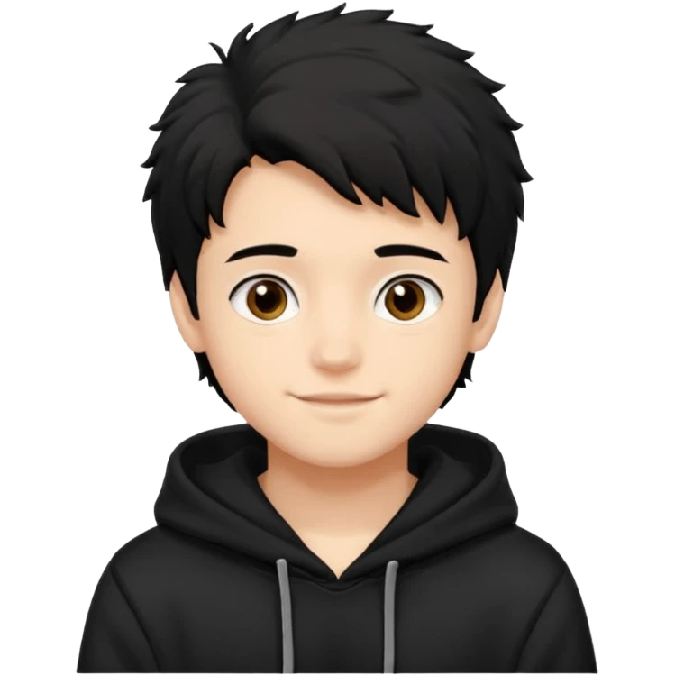Chłopak ciemno brązowe oczy czarne włosy bluza czarna i taki bardziej żeby wyglądał na 18 latka i trochę usmiechniety i fluffy hair emoji