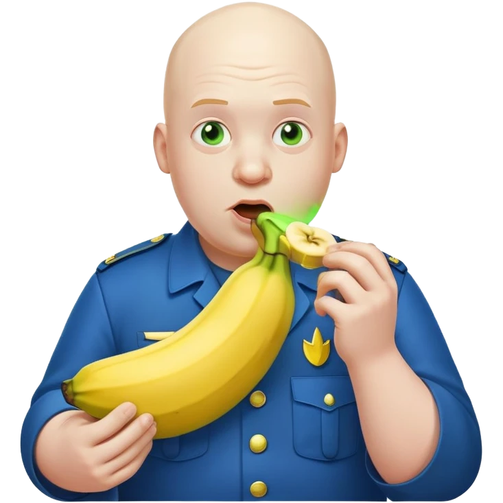 bald a bit fat man in a blue uniform eating a toxic banana emoji