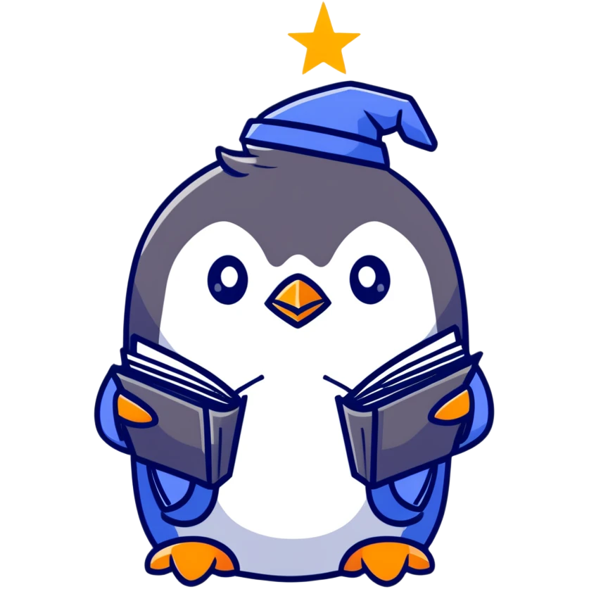 penguin wizard with blue robe and magic book emoji