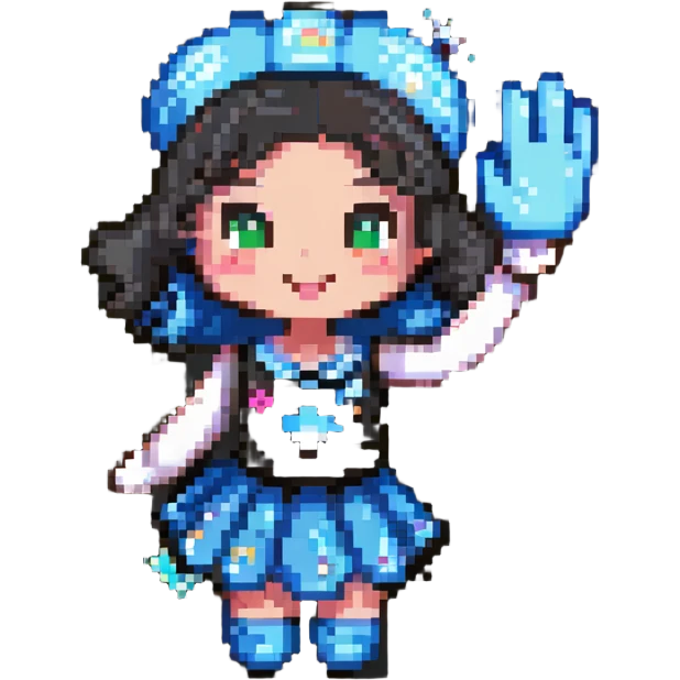 pixel art of a battery girl mascot with a skirt, waving, sparkles around her emoji