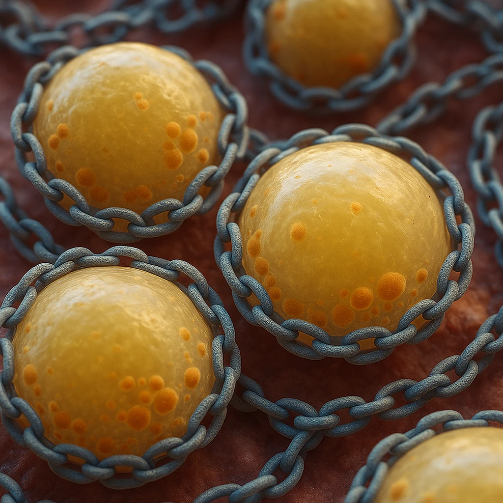 hyper realistic 4K adipocytes in adipose tissue surrounded by chains, cellular details, scientific atmosphere, realistic colors emoji