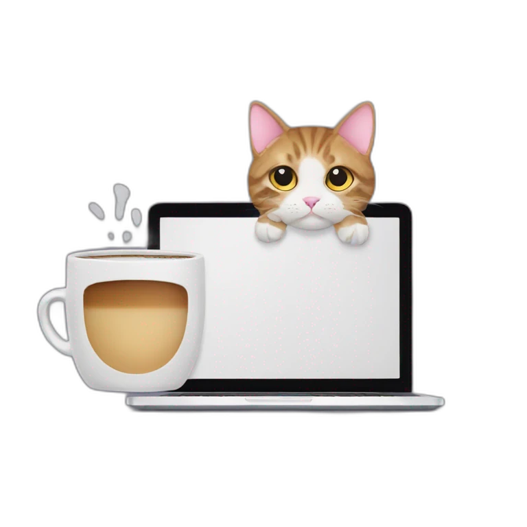 cat ears behind a computer and a coffee mug emoji