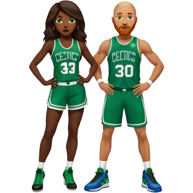 48-year-old dark skin black woman with brown eyes, long dark brown hair dressed in sexy 
celtics jersey costume outfit & stilettos heels. A bald white man with ginger beard. he has blue/green  eyes, wearing a Jason Tatum Boston Celtics Jersey & green Nike sneakers  emoji