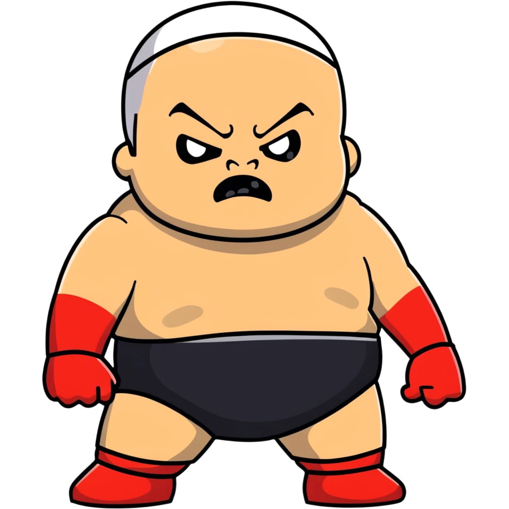 Close-up of white skin fat guy no muscle with prominent black durag, completely shaved face, no beard or mustache, black eyes in a red and black wrestling singlet with angry face emoji