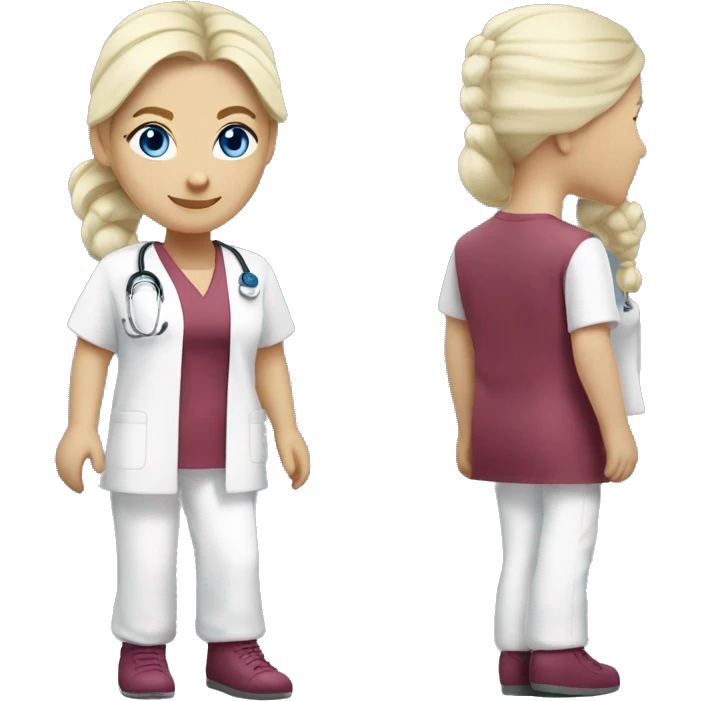 Nurse with platinum blonde hair, wearing hair into a ponytail, blue eyes, burgundy tunic, white pants, pink shoes emoji