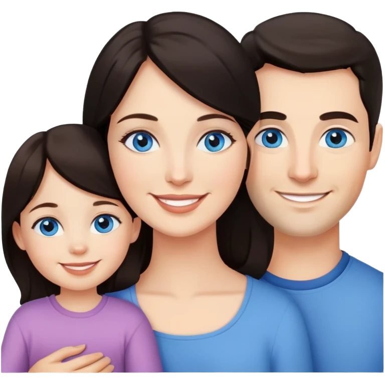 a mother with dark hair and blue eyes with her daughter and her husband emoji