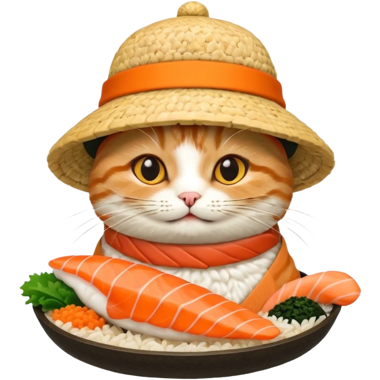 happy cat wearing a hat made out of sushi emoji