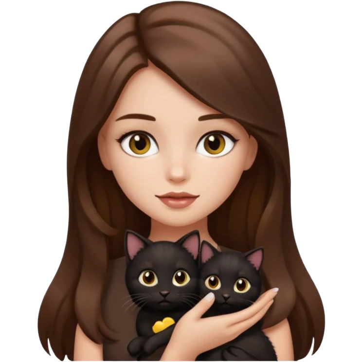 pretty girl with brown long hair and makeup, black kitten in her arms, emoji style emoji