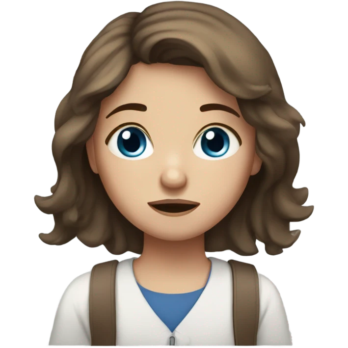 A girl with brown hair, blue eyes, and freckles, tired of studying emoji