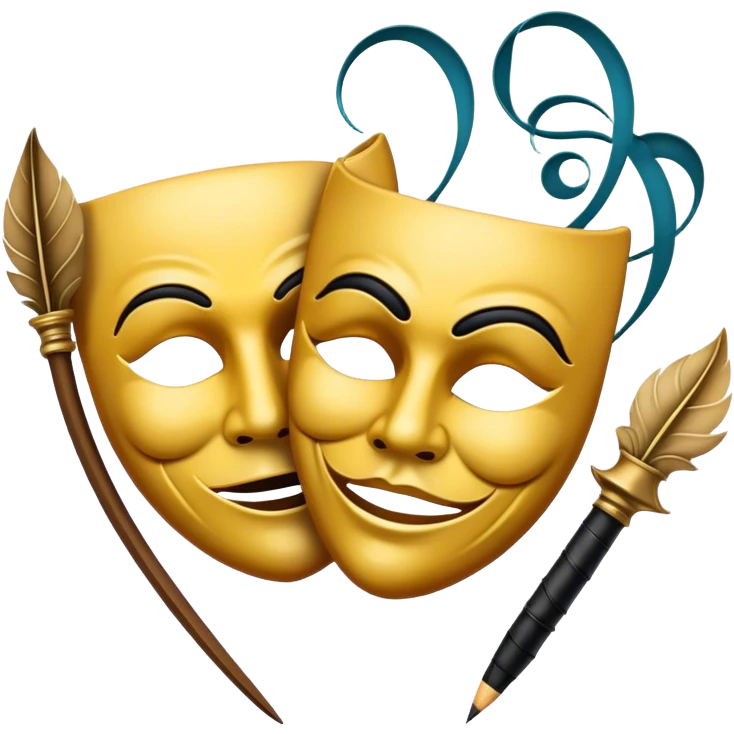 Create a bold and dramatic emoji representing the art of playwriting. The design should feature an open script or a theater playbook, with stylized text lines or dramatic dialogue inside. Include elements like a theatrical comedy and tragedy masks, a stage spotlight, or a writting quill to symbolize creativity and performance. Use deep, contrasting colors like red, black, and gold to evoke the intensity and passion of drama. The overall design should feel dramatic, inspiring, and artistic. Make the background transparent. emoji