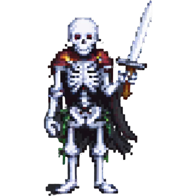 pixel art skeleton with a sword raised, action pose emoji
