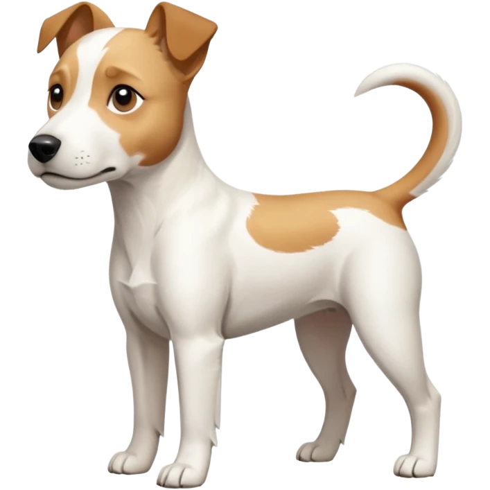 a full body facing front on of a buff white parson russell terrier looking dog the size of a kelpie with light brown long ears and a light brown patch on one eye and a large snout. the rest of the dog is completely white.  emoji