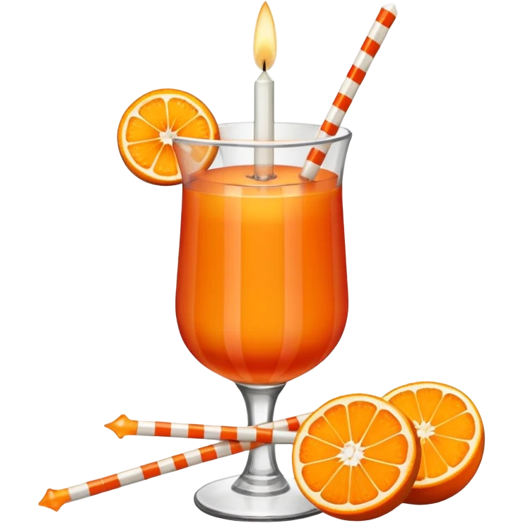 An orange with a horizontal red stripe around the middle. 4 vertical cocktail sticks in the orange with small pieces of candy on the sticks. On top of the orange a small white lit candle. emoji