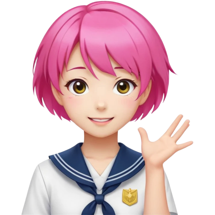 Anime girl with short bright pink hair wearing Japanese sailor style school uniform, composed posture with hand on hip but with excited smile and sparkling eyes, happy expression emoji