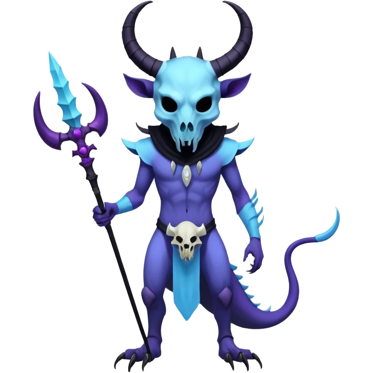 Shiny Dark Edgy  Inteleon-Amaura-Fakémon-hybrid-creature (full body) with a horned animal-skull-mask emoji