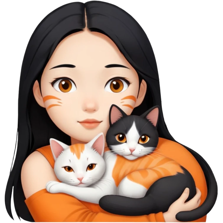 Asian girl with long black hair and the cat is lying on her shoulder, cat is mostly white with orange markings, tender moment emoji