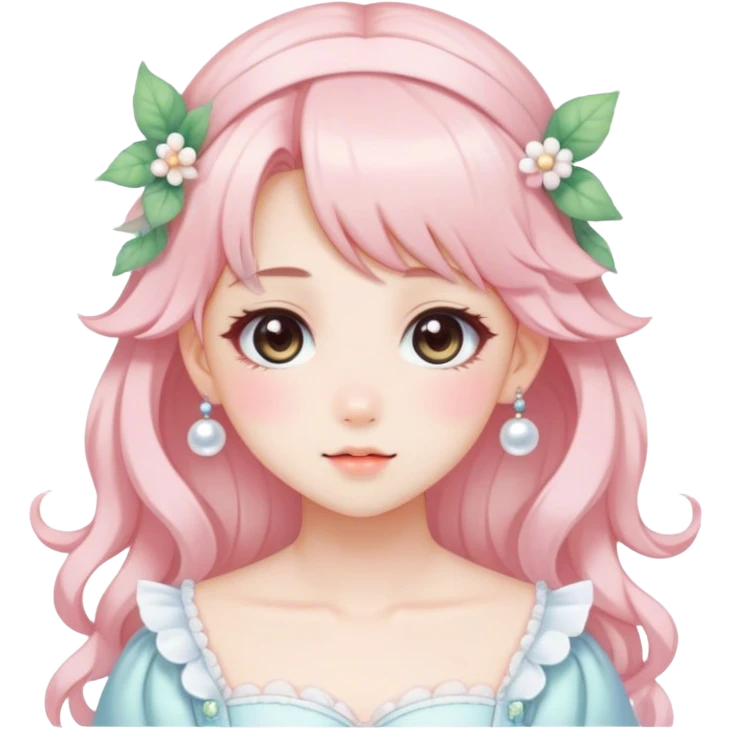 Gorgeous anime style lady with blushing face and accessories cottagecore fairycore Kawaii anime colorful pearly romantic aesthetic trending style emoji