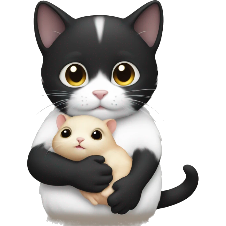 black kitty holding a white little hamster  emoji