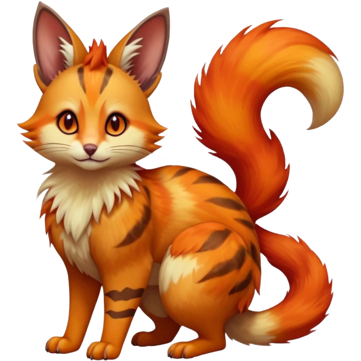 Hyper realistic volcanic fiery flammable beautiful elegant pretty precious cute  Fakémon-Pokémon-opossum-feline-serval-caracal-chinchilla-Furret-Minccino-hybrid-creature with a big fluffy bushy tail (full body) emoji