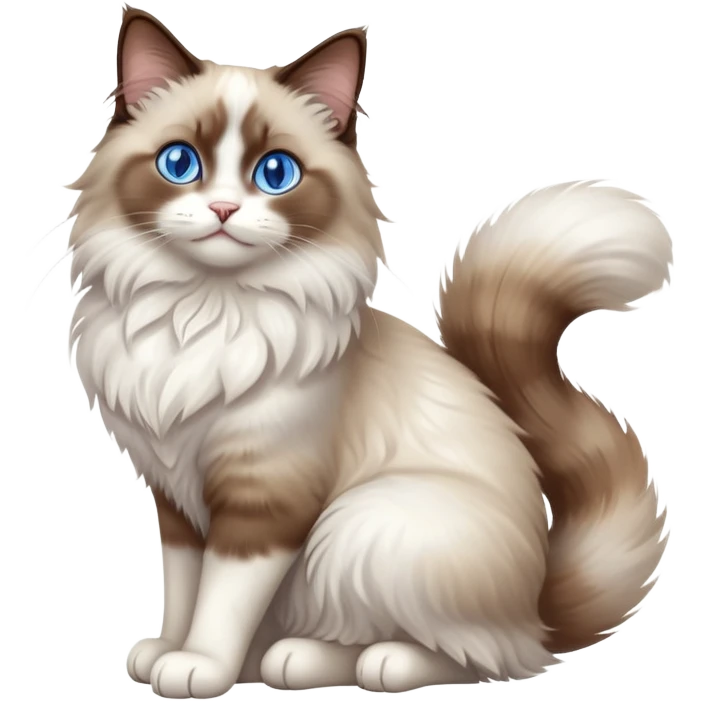 cinematic-[brown and white ragdoll cat]-realistic-full-body-sitting-emoji,-tail-curled-playfully-around-its-paws,-head-tilted-dramatically,-fluffy-[brown and white]-fur,-simplified-yet-realistic-focused-features,-highly-detailed,-glowing-with-an-almost-sarcastic-glow, with blue eyes emoji