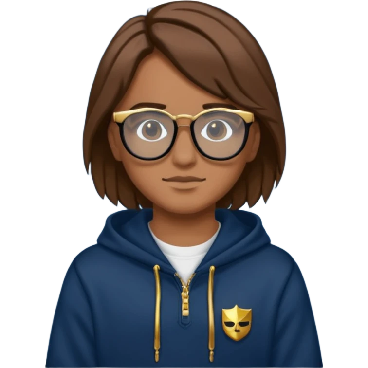 Brown hair with black glasses and the lends of glasses are black and a dark blue hoodie that says caylus kingdom with black pants and a gold chain emoji