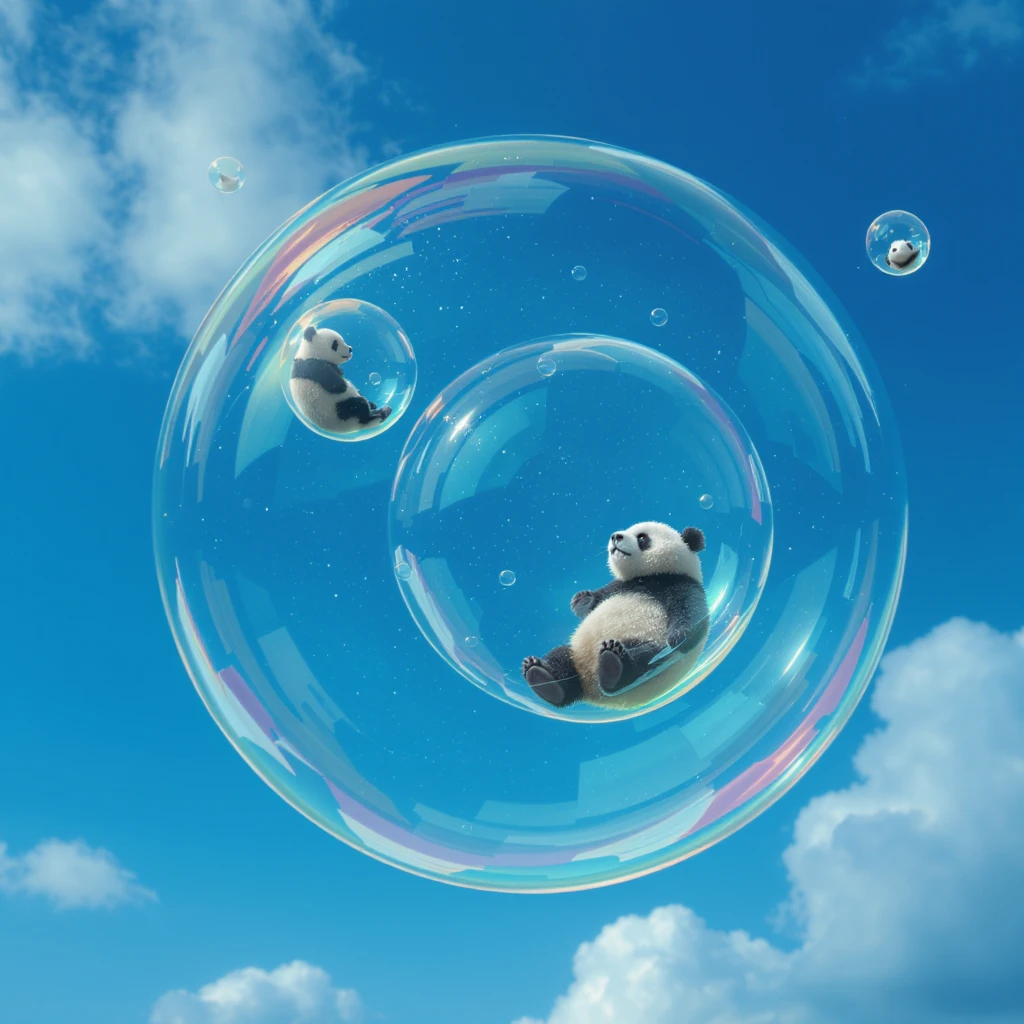 Minimalistic Cinematic still of pandas bears sitting inside flying bubbles, blue sky filling background  emoji