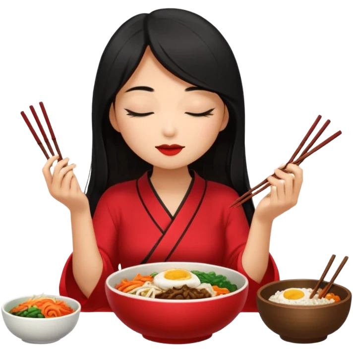 Girl with black long hair with red dress eat bibimbap close eyes chopstick emoji