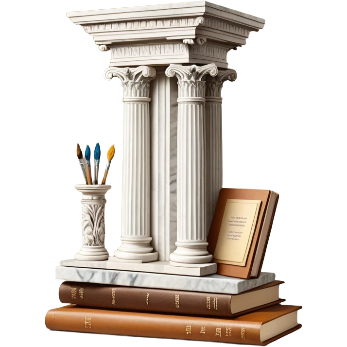 An icon featuring a paint palette, a sculpture, and a book, symbolizing the study of culture and art. The design includes a classical column and a canvas, representing art history and cultural exploration. Transparent background highlights the connection between creativity and history. emoji