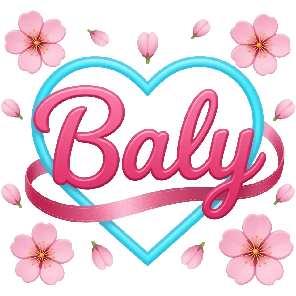 A sleek, hot pink text 'Baly' adorned with satin ribbons and glowing neon-blue hearts. Surrounded by floating cherry blossom petals and golden bokeh. Vibrant, modern, and feminine with a cinematic glow emoji