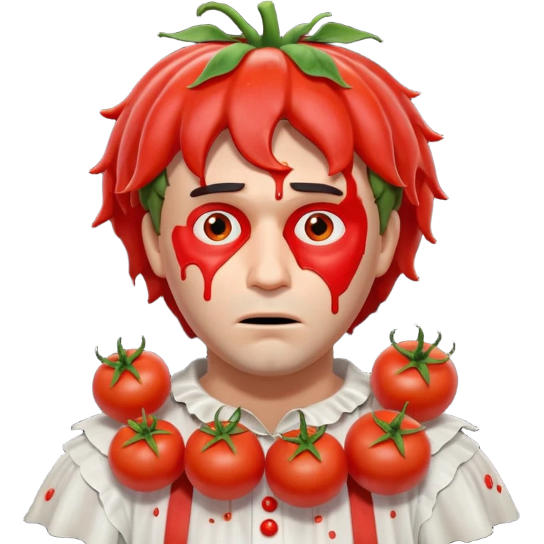tragic stage performer portrait, head and shoulders only, tomatoes thrown at him, sad embarrassed face, messy costume, cinematic lighting, 3D cartoon, mobile game icon style, clean background, no text, no watermark
 emoji