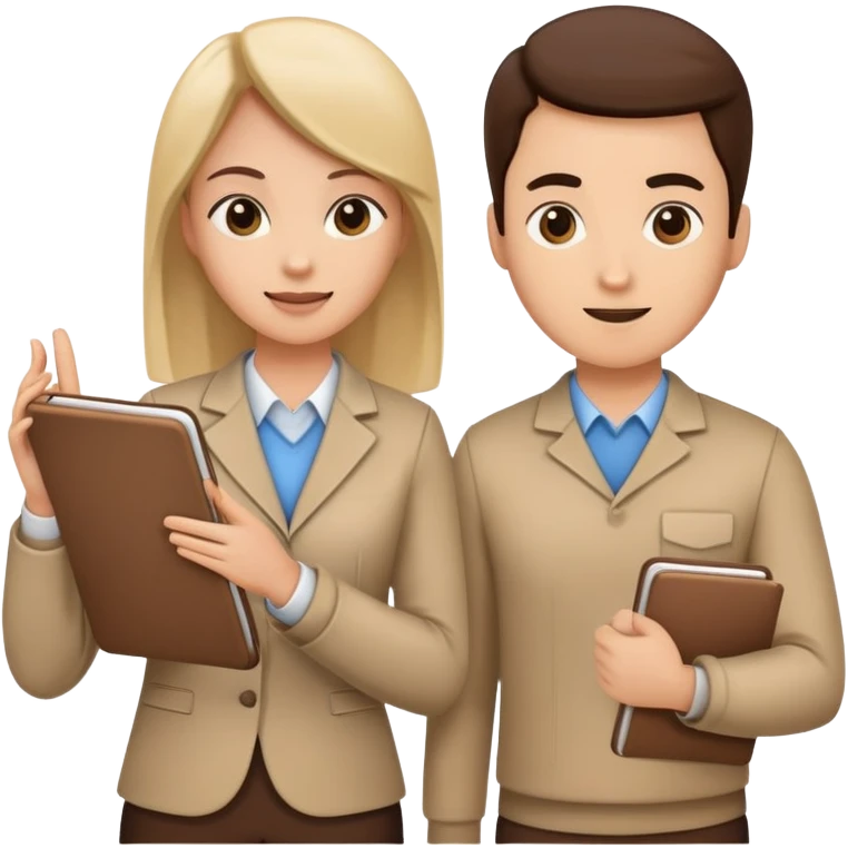 Two team members facing each other, one holding a notepad and the other gesturing, in a collaborative pose emoji