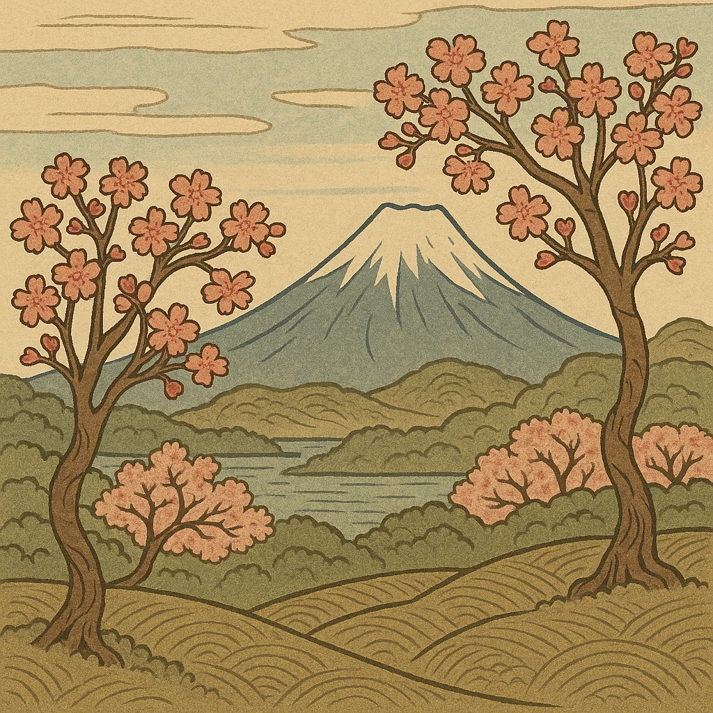 ukiyo-e style illustration of a mountain landscape with cherry blossoms emoji