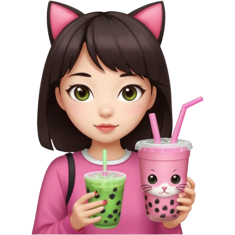 Pale asian girl with cat eyes big pupils with dark brown hair side bangs t the left and layered hair towards the inside with pink bow on hair and pink outfit holding a watermelon bubble tea emoji