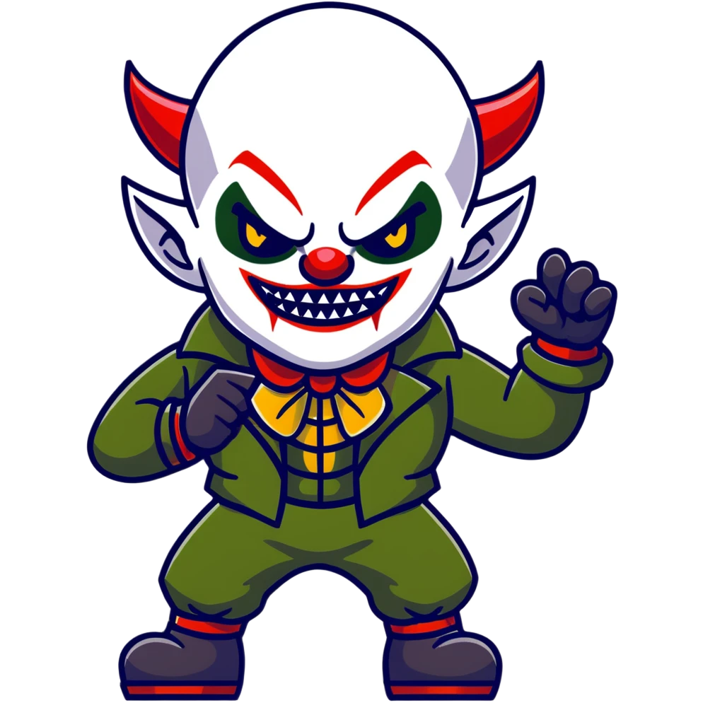 evil clown warrior, bald, very short devil-like horns on forehead, fangs, pointed ears, black and military green leisure suit, battle-ready fighting posture emoji