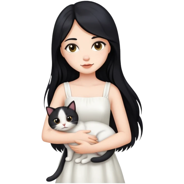 beautiful girl with long black hair wearing a white dress holding a cat in her arms emoji