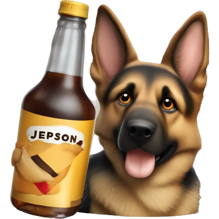 German shepherd holding a bottle of jeppson malort emoji