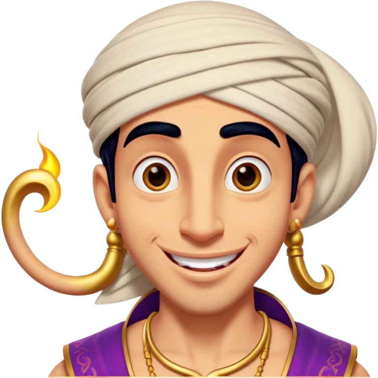 Cinematic Realistic Aladdin Portrait, head tilted dramatically with an exaggeratedly amused expression, featuring vibrant eyes and a slight, roguish grin. His detailed attire and subtle magical accents are brought to life with dynamic lighting and vivid textures, capturing a rare, playful burst of humor from a daring street-wise adventurer. emoji