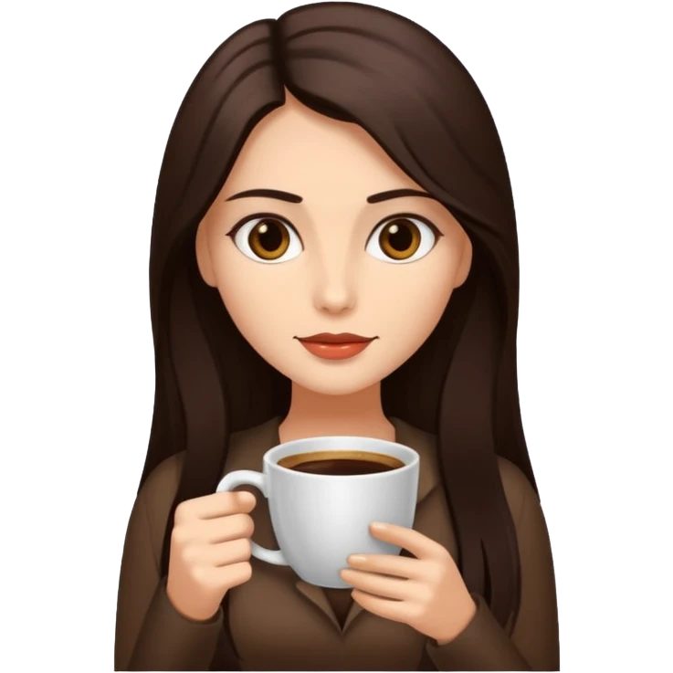 Straight Dark Brown long haired sexy woman with dark brown eyes with cup of coffee emoji