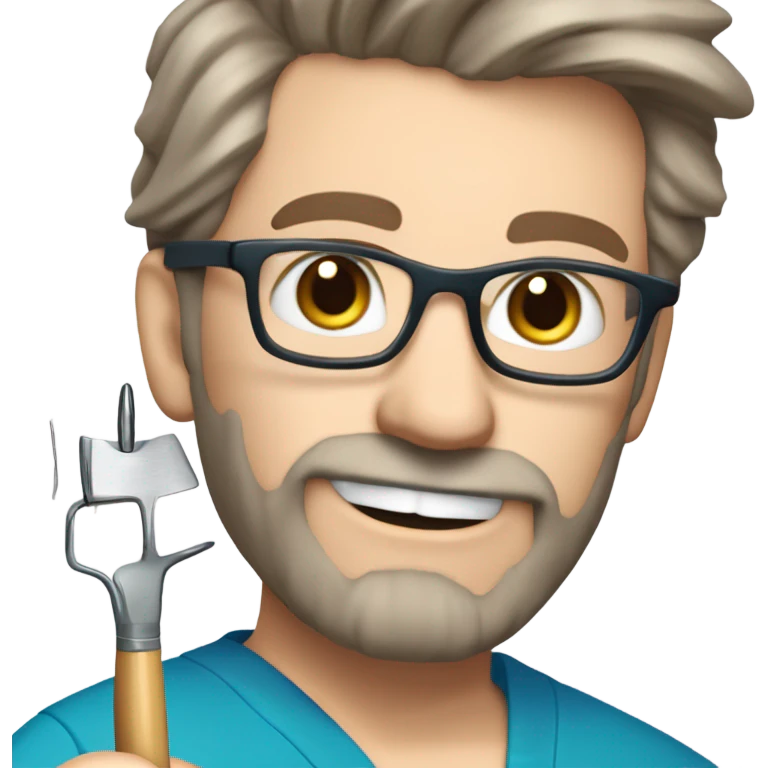 male dark blond haired doctor with grey van dyke beard with hazel eyes and small wire-rimmed glasses in blue scrubs holding a large paintbrush and jigsaw emoji