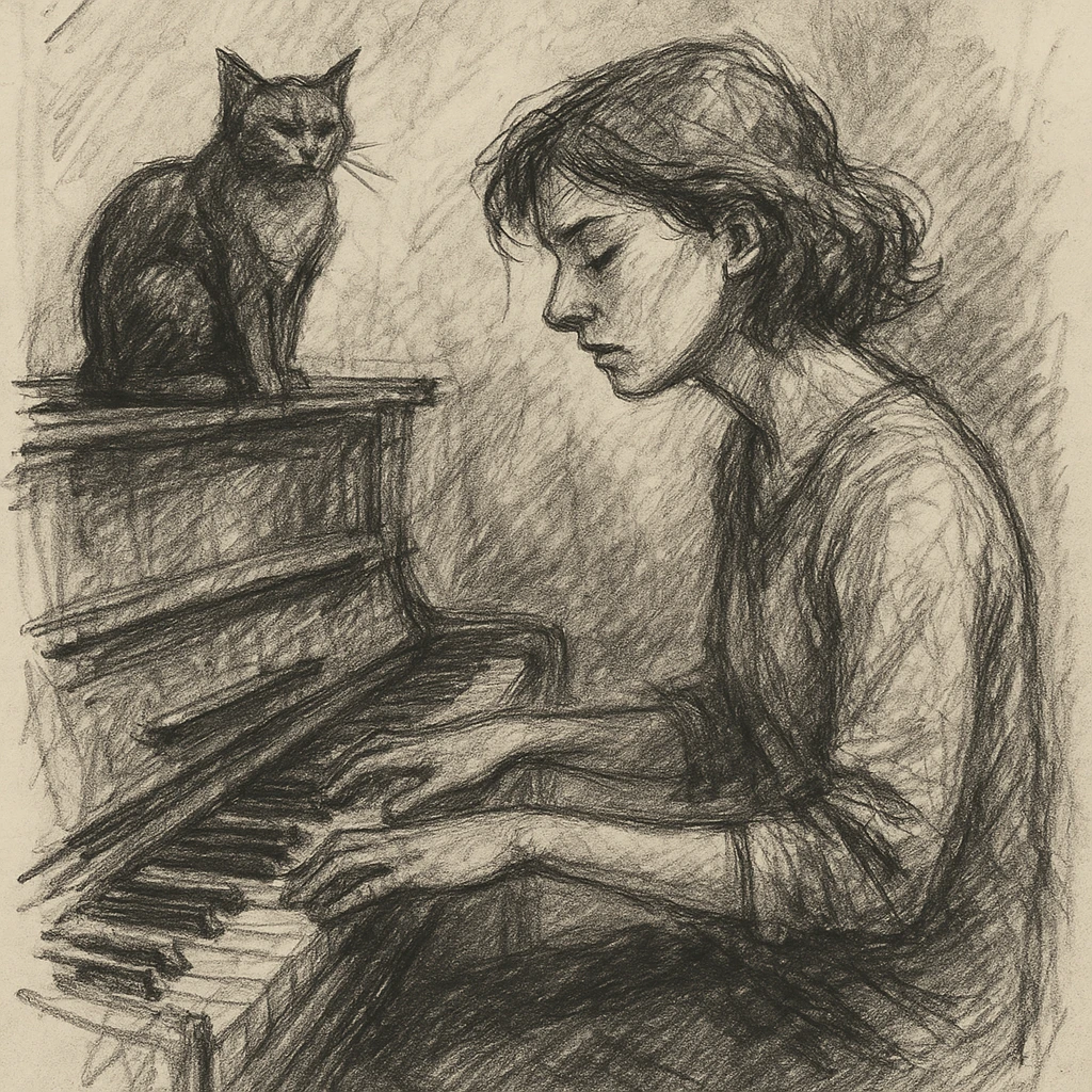 woman playing piano while her cat sits on top of the piano emoji
