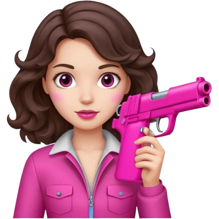 brunette girl with wavy hair holding a hot pink gun emoji