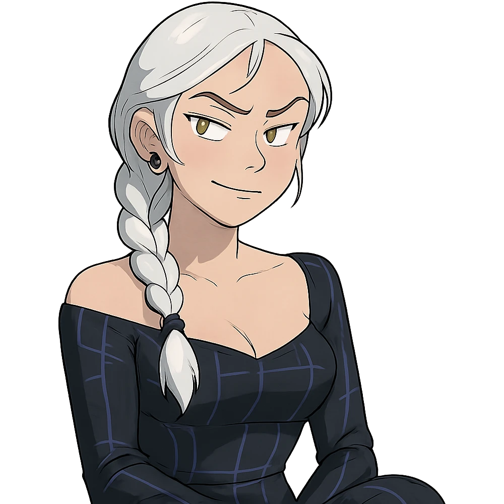  she is making a smug and suspicious facial expression, eyebrows pointed up, a closeup portrait of young woman with gold yellow eyes, white hair, long braid, black off-shoulder top d-cup, punk gothic style, futuristic cyberwave cyberpunk, sitting position
 emoji