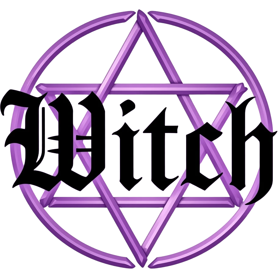 A spooky Gothic inspired  black text "Witch" glowing with gradient violet infront of a violet upwards pentagram made of sticks. emoji