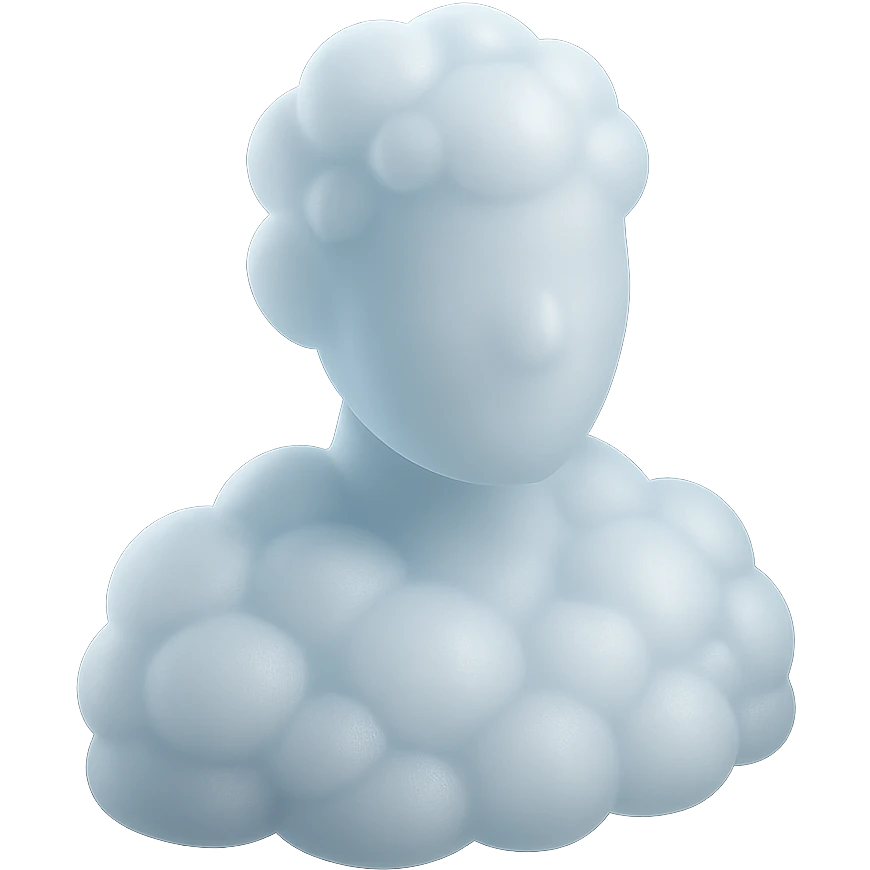 a person composed entirely of pure white convex clouds, shoulder up, front view, matte glass style emoji