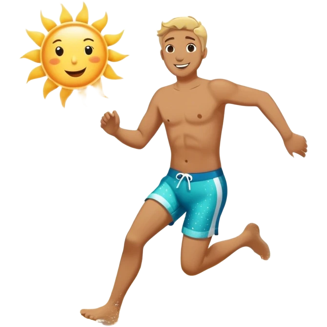 A white man running into the ocean, paisaje embracing the waves and the moment. The sun shines warmly, and the water sparkles, symbolizing the joy of creating fun and appreciating life’s simple moments. Their footprints in the sand fade as they fully immerse themselves in the present. emoji