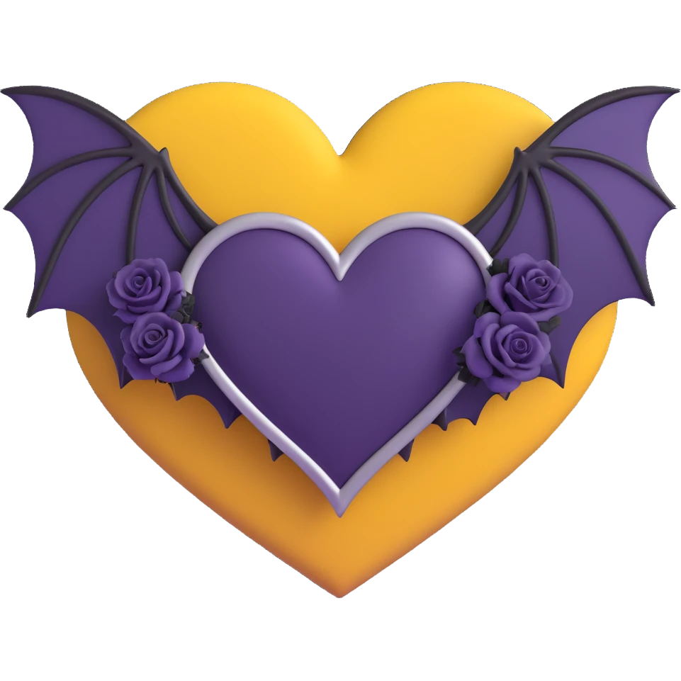gothic heart, dark purple velvet, silver bat wings, tiny black roses, moody and elegant emoji