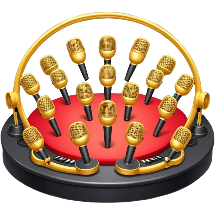 Create a vibrant and dynamic emoji that represents choral vocal performance. The design should feature 10 vintage stage microphones arranged in a semi-circle on a concert stage, symbolizing a vocal group or choir. Add musical notes flowing around the microphones to represent harmony and unity in the performance. Include concert lighting and a celebratory atmosphere to convey the excitement of live music. Use bright, bold colors like red, gold, and silver to emphasize the energy and glamour of the stage. The background should be transparent. emoji